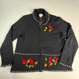 Breckenridge Womens XL Black Cardinal Embroidered Zip Up Cardigan Sweater Trim